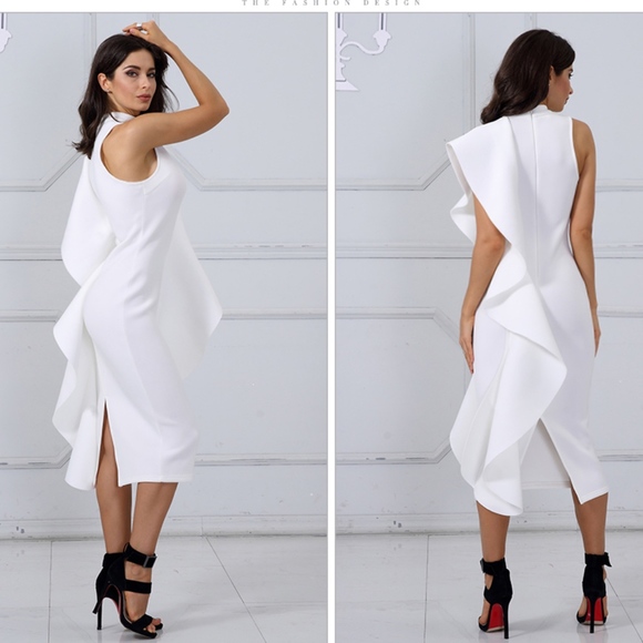 Flounce Detail White Pencil Dress - Picture 5 of 8